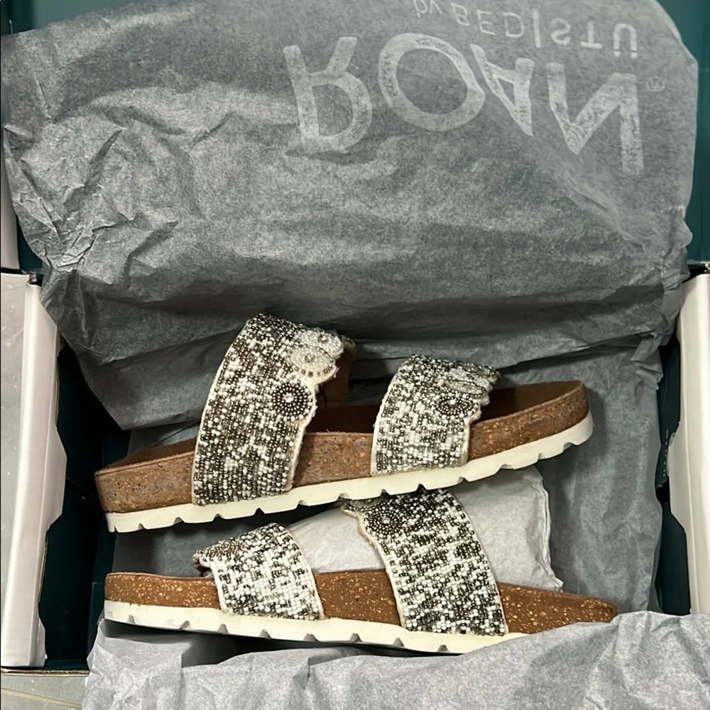 NWT ROAN by BED/STU Women's Beaded Sandals - Silver and Brown Size 6,5